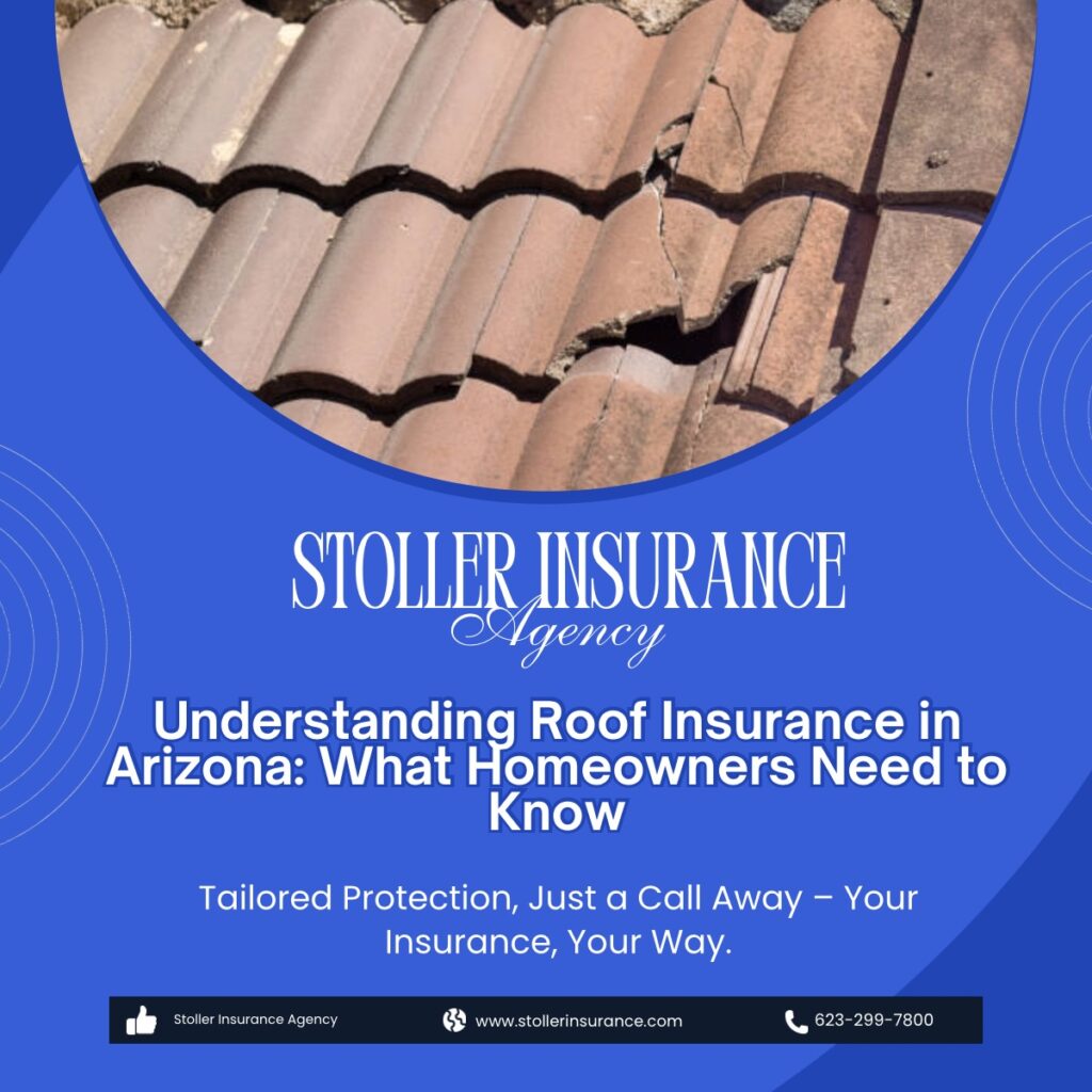 Roof with tiles, text overlay about Stoller Insurance Agency offering roof insurance information in Arizona. Includes contact details and services description.