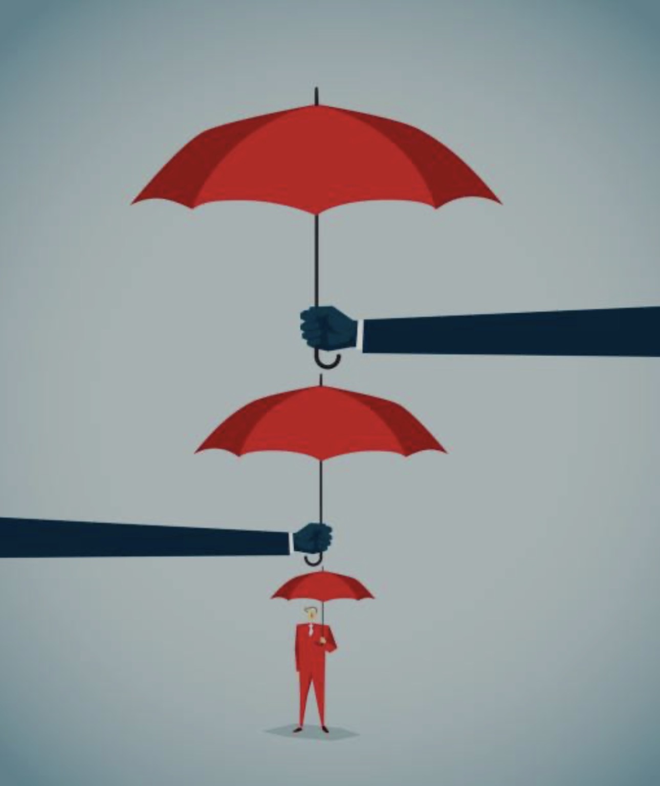 Illustration of a small person in a red suit under a red umbrella, with larger hands extending two more umbrellas above, symbolizing protection.
